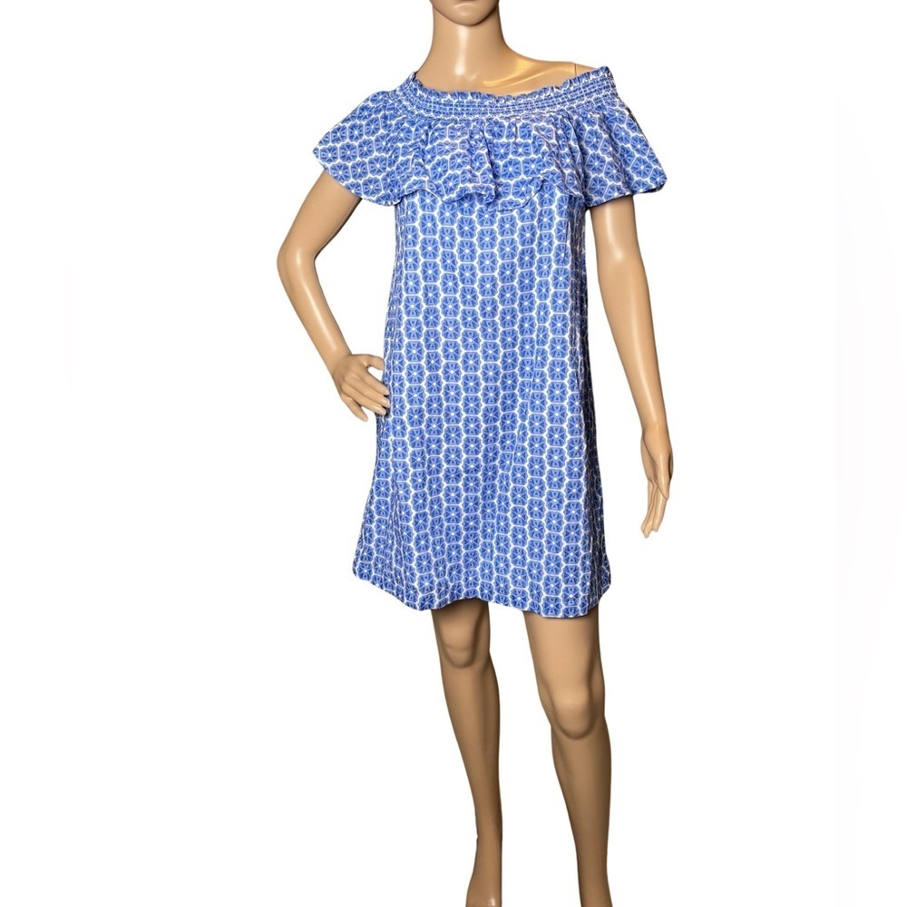 VINYARD VINES OUTLET GEO RUFFLE BLUE WHITE OFF-THE SHOULDER SUN DRESS SZ SMALL